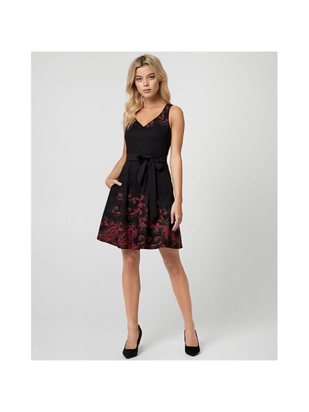 Le Chateau Abstract Print Cotton Sateen V-Neck Black / Orange Dress Size…